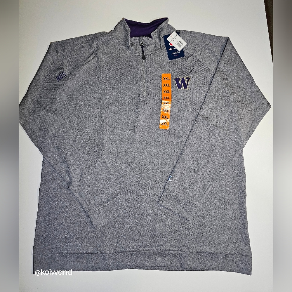 Champion Men's Querter-Zip, Heather Gray, Washington Huskies.